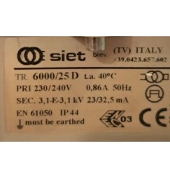 SIET TRASFORMATORE PER INSEGNE NEON 6000 VOLT 25 mA IP 44 CON DISTOP